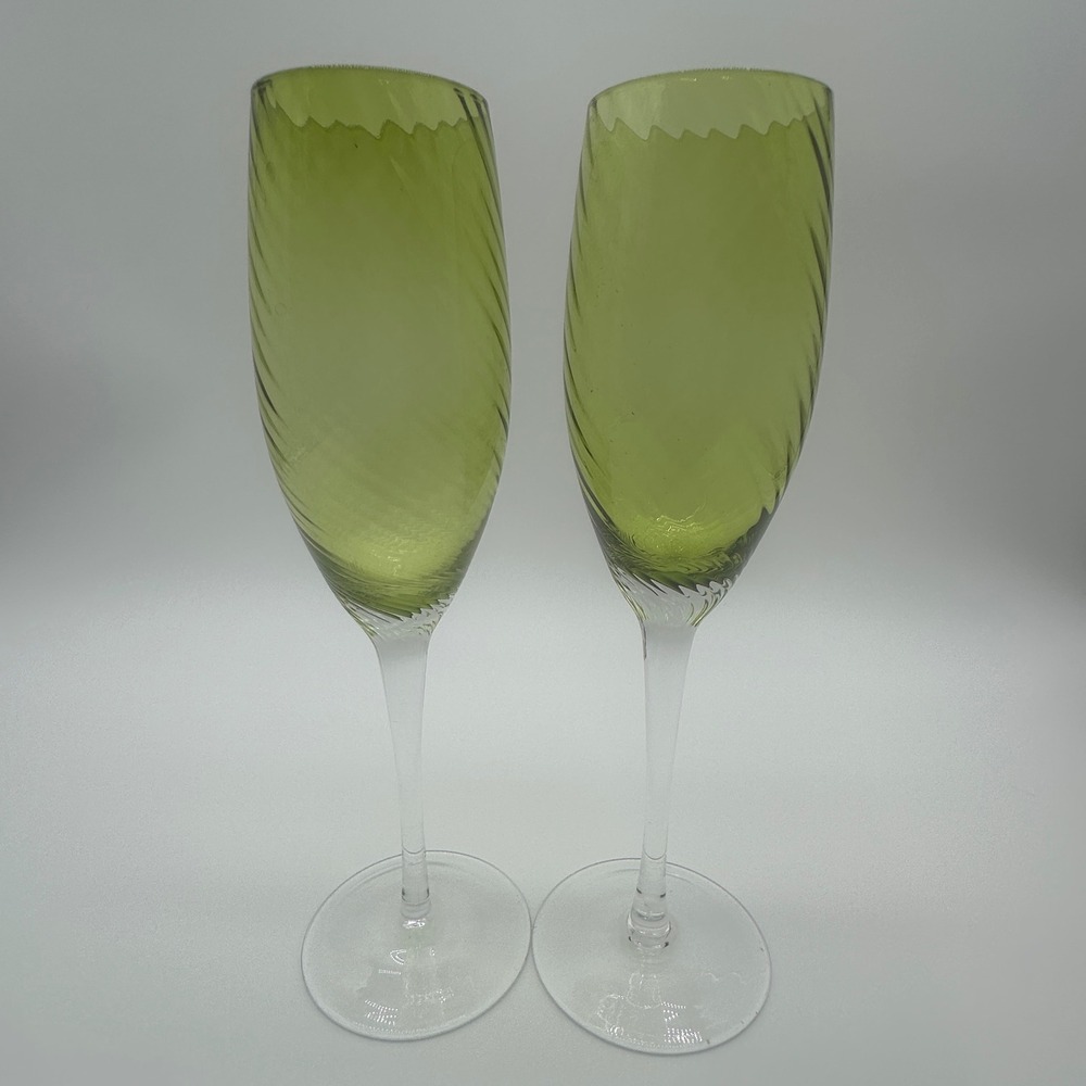 Vtg Olive Green Optic Swirl Champagne Flutes Set of 2 Spiral Toasting Glasses